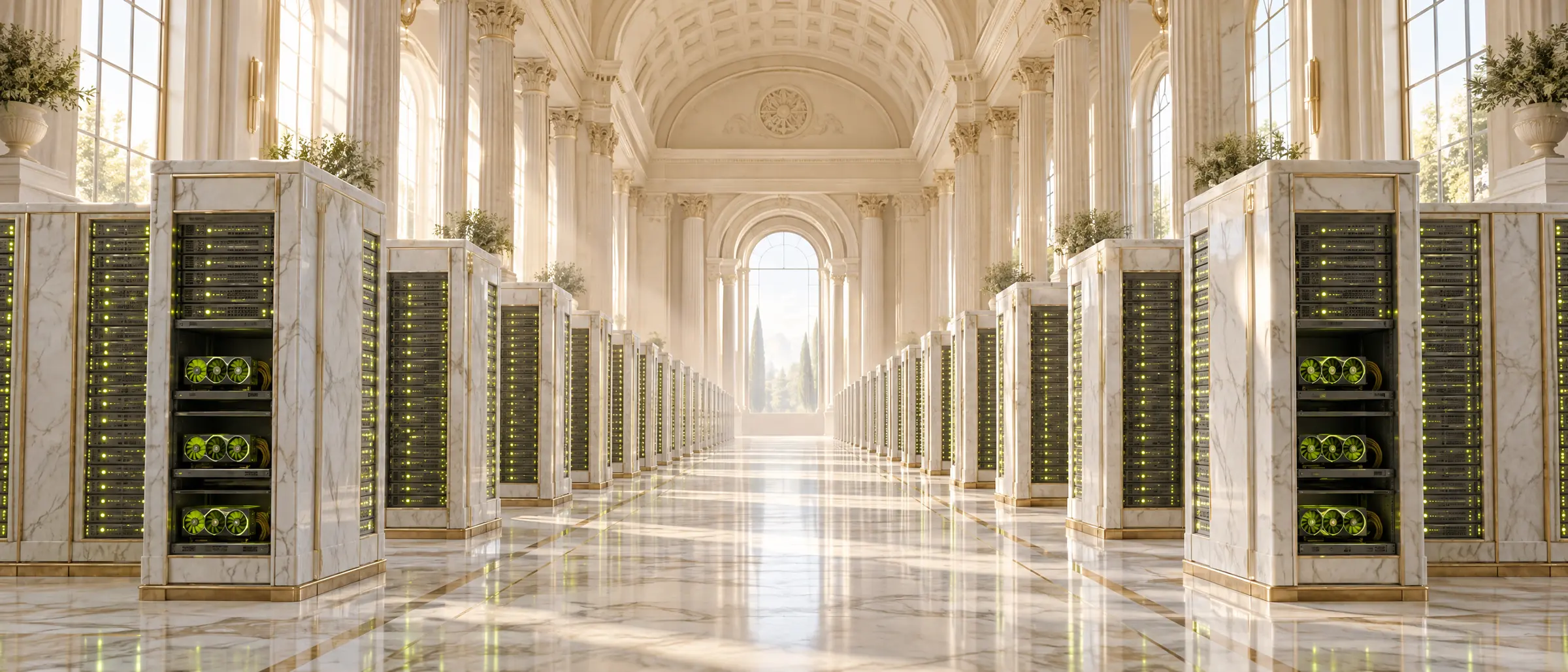 A sunlit marble hall lined with server racks and lime-lit GPUs